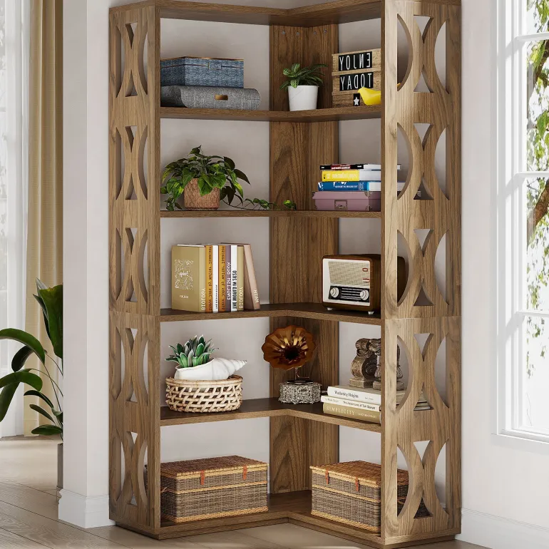 Fashion Tribesigns 66" Corner Bookshelf, 5 - Tier Bookcase Etagere Display Shelf