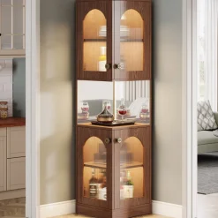 Best Sale Tribesigns 79" Corner Storage Cabinet, Farmhouse Wine Bar Cabinet With LED Light
