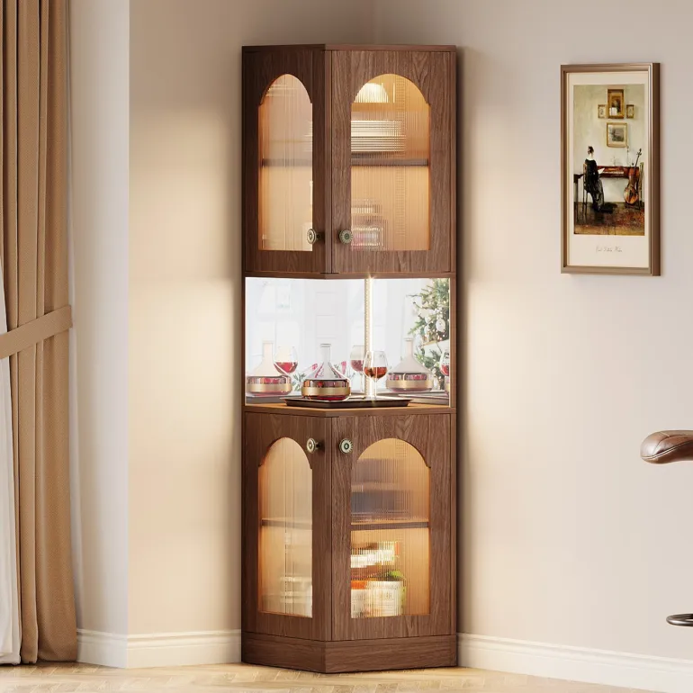 Best Sale Tribesigns 79" Corner Storage Cabinet, Farmhouse Wine Bar Cabinet With LED Light