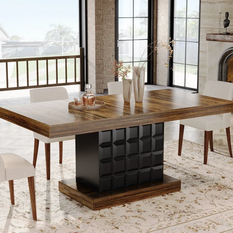 Online Tribesigns 63" Dining Table, Rectangular Kitchen Table with Geometric Relief for 4 - 6