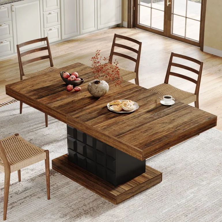 Online Tribesigns 63" Dining Table, Rectangular Kitchen Table with Geometric Relief for 4 - 6
