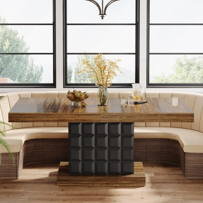 Online Tribesigns 63" Dining Table, Rectangular Kitchen Table with Geometric Relief for 4 - 6