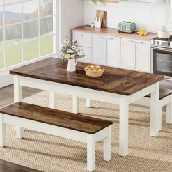 Cheap Tribesigns 55" Dining Table Set, 3 Pieces Wood Kitchen Table with 2 Benches