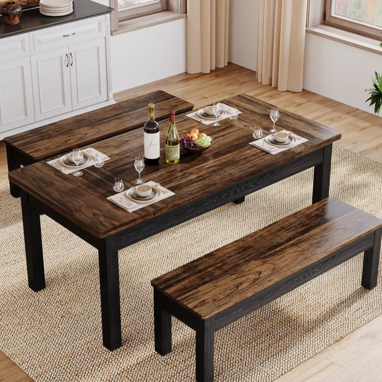 Cheap Tribesigns 55" Dining Table Set, 3 Pieces Wood Kitchen Table with 2 Benches