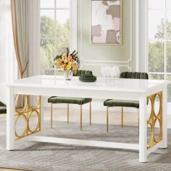 Best Sale Tribesigns 63” Dining Table with Gold Metal & Glossy Surface for 4-6 People