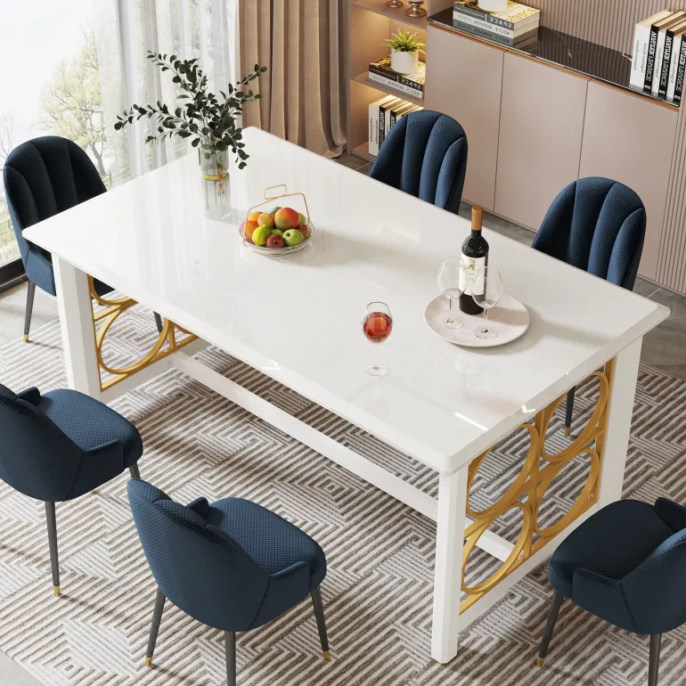 Best Sale Tribesigns 63” Dining Table with Gold Metal & Glossy Surface for 4-6 People