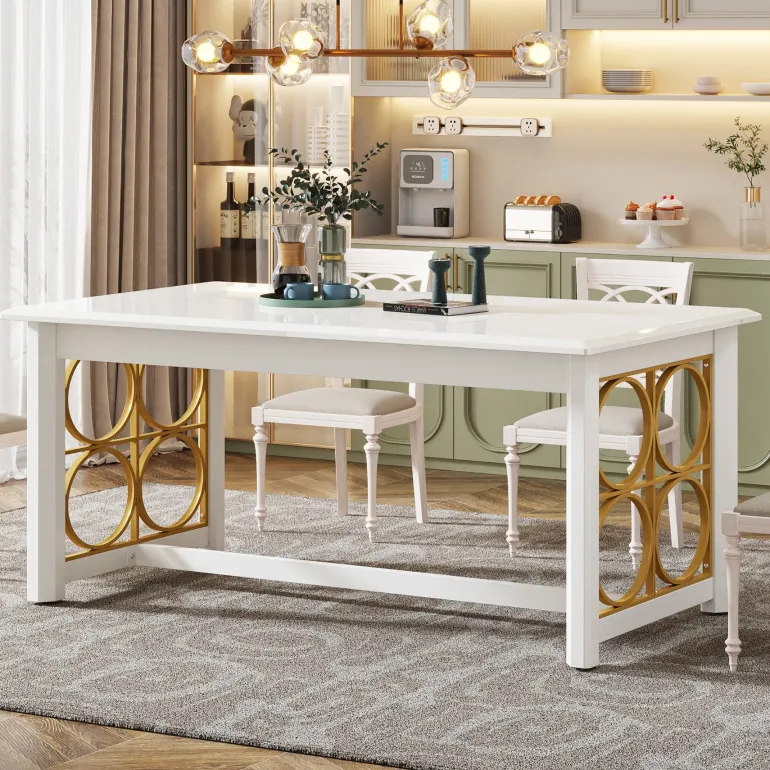 Best Sale Tribesigns 63” Dining Table with Gold Metal & Glossy Surface for 4-6 People
