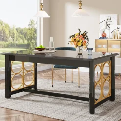 Best Sale Tribesigns 63” Dining Table with Gold Metal & Glossy Surface for 4-6 People