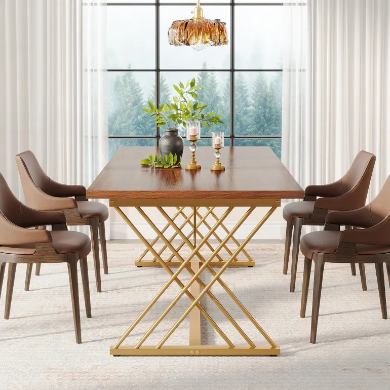 Discount Tribesigns 63" Dining Table Wood Kitchen Dinner Table with Metal Frame