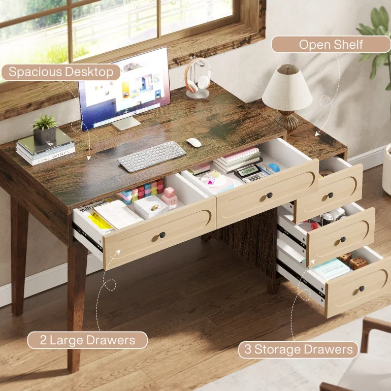 Cheap Tribesigns 5 Drawers Computer Desk, 51" Study Writing Table with Reversible Drawer Cabinet