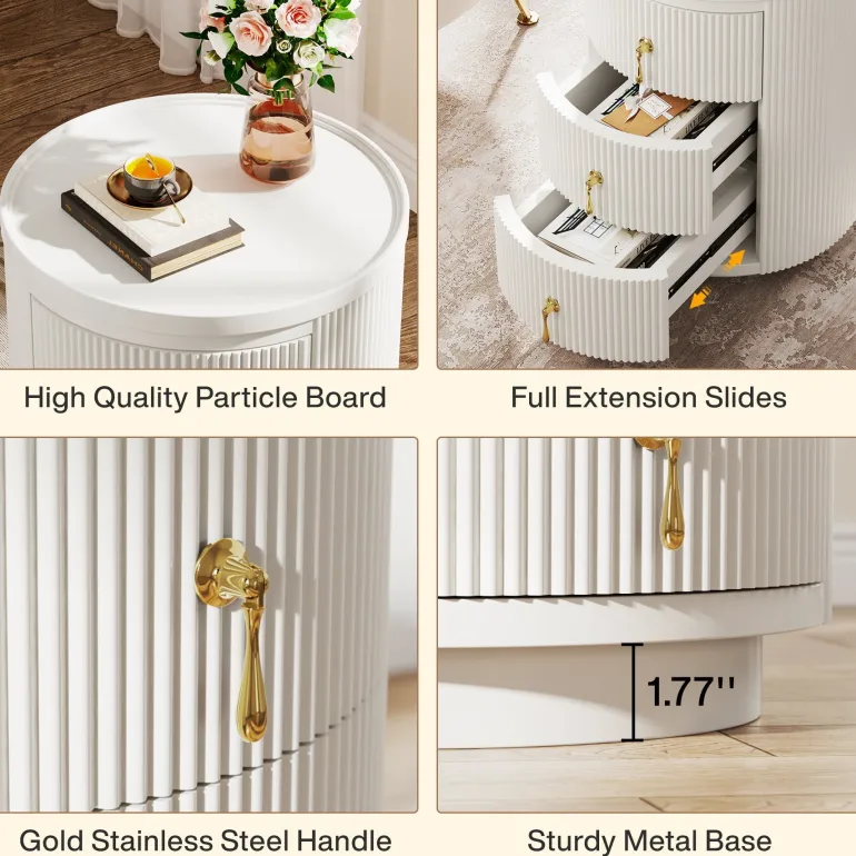 Outlet Tribesigns 3 Drawers Nightstand, Modern Round Side End Table with Storage