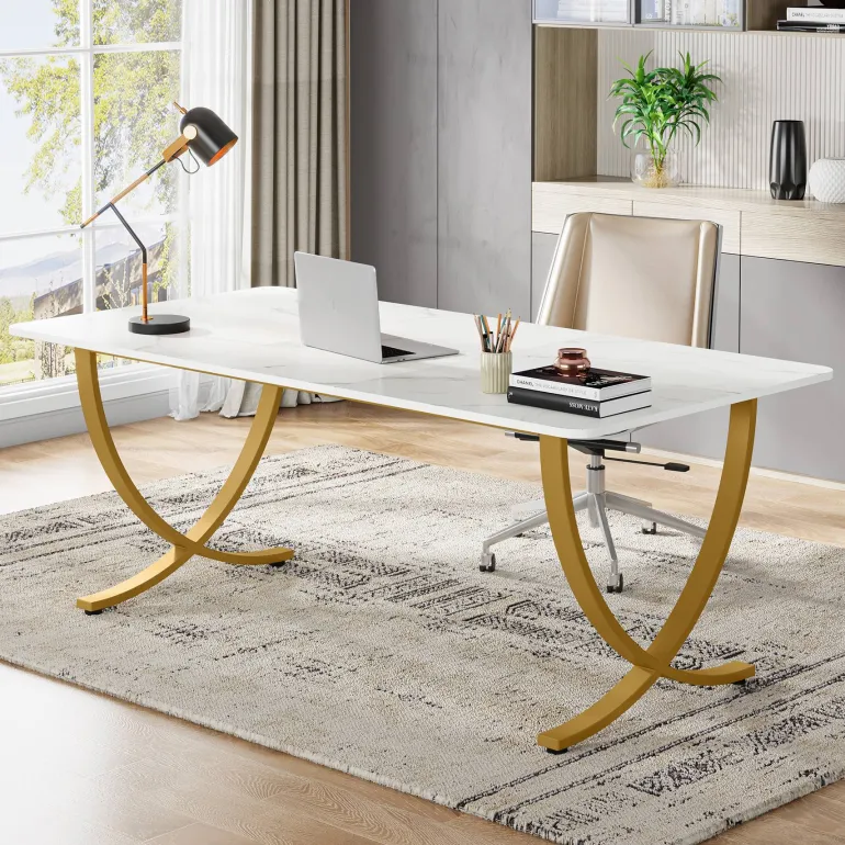 Store Tribesigns 63" Executive Desk, Faux Marble Computer Desk Meeting Table
