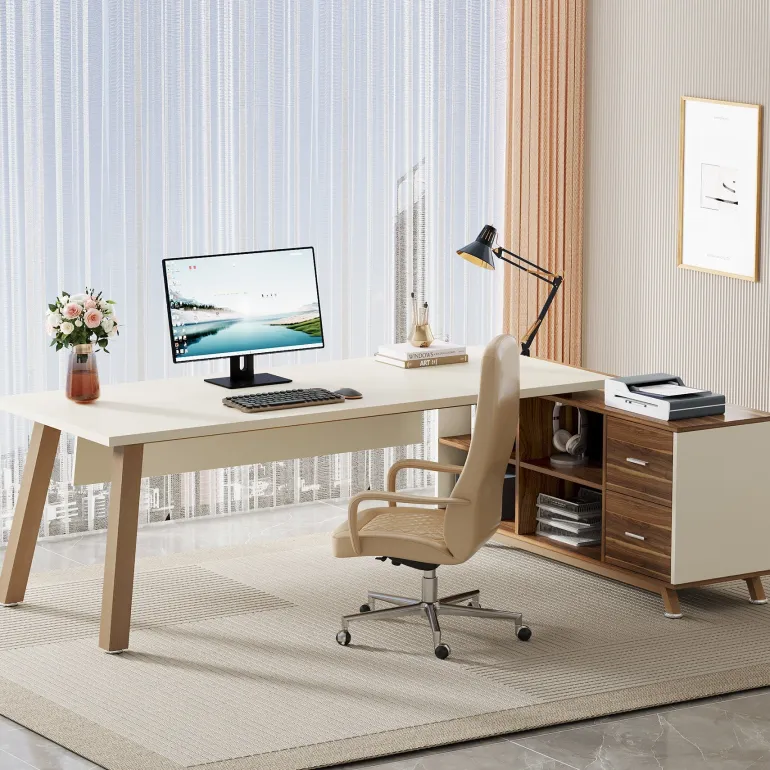 Online Tribesigns 71" Executive Desk, L - Shaped Computer Desk Office Desk with File Cabinet