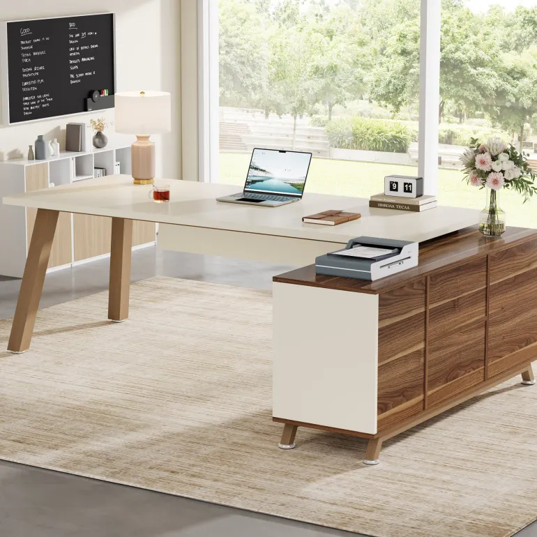 Online Tribesigns 71" Executive Desk, L - Shaped Computer Desk Office Desk with File Cabinet