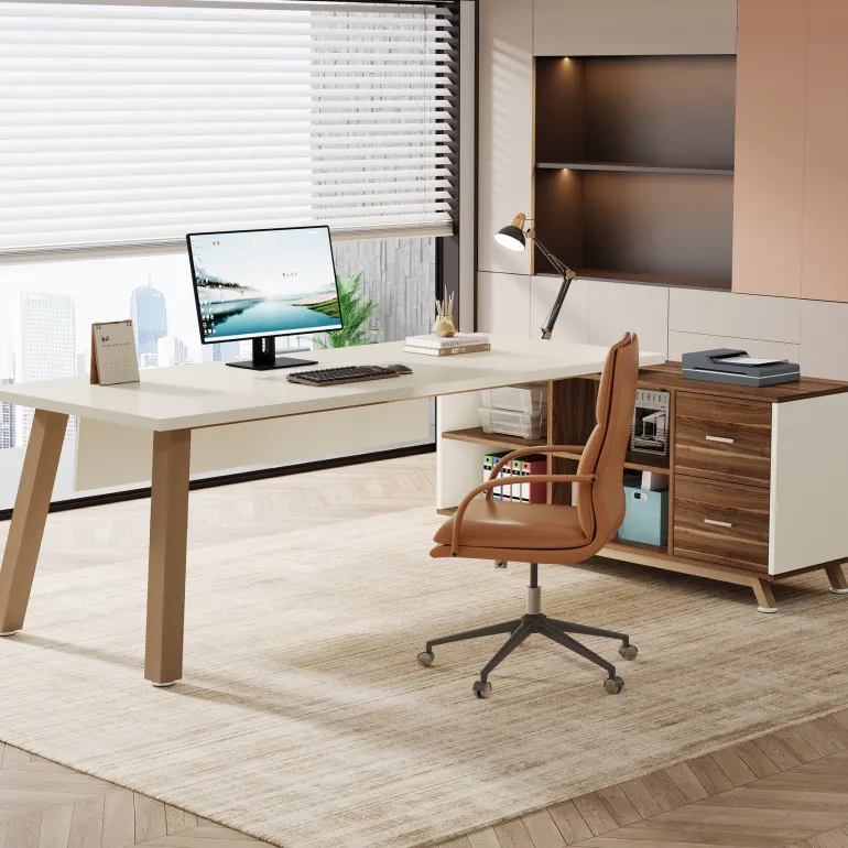 Online Tribesigns 71" Executive Desk, L - Shaped Computer Desk Office Desk with File Cabinet