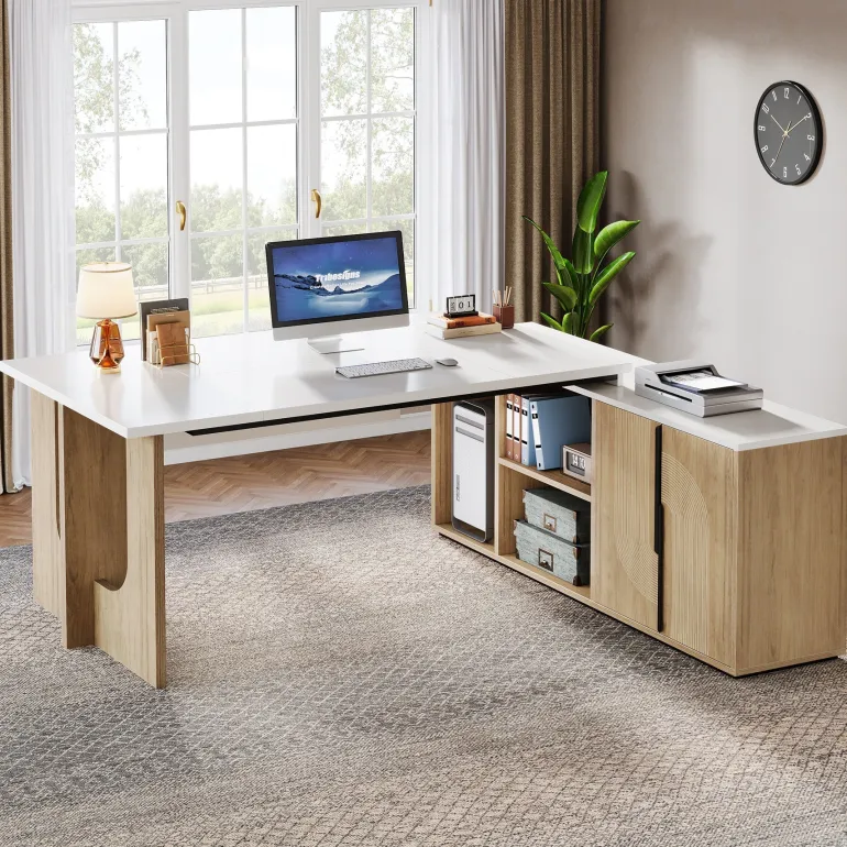 Store Tribesigns 74" Executive Desk, L - Shaped Computer Desk Office Desk With Cabinet