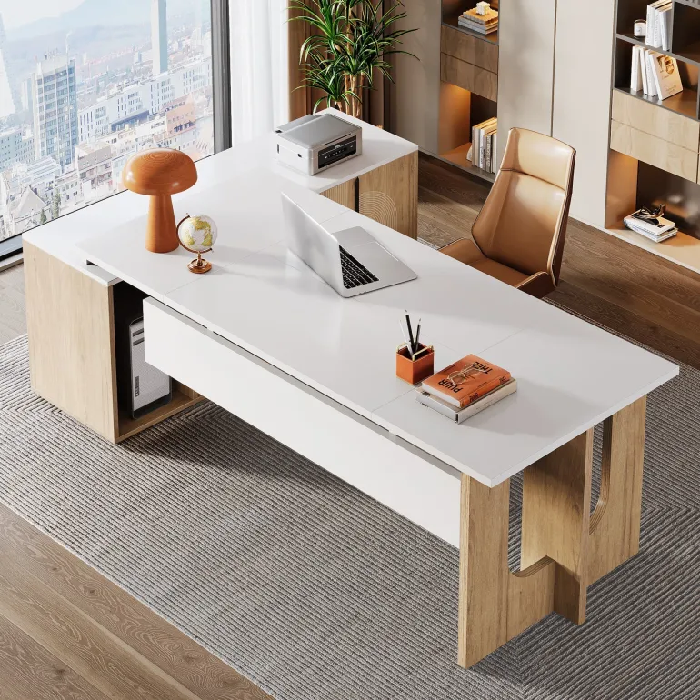 Store Tribesigns 74" Executive Desk, L - Shaped Computer Desk Office Desk With Cabinet