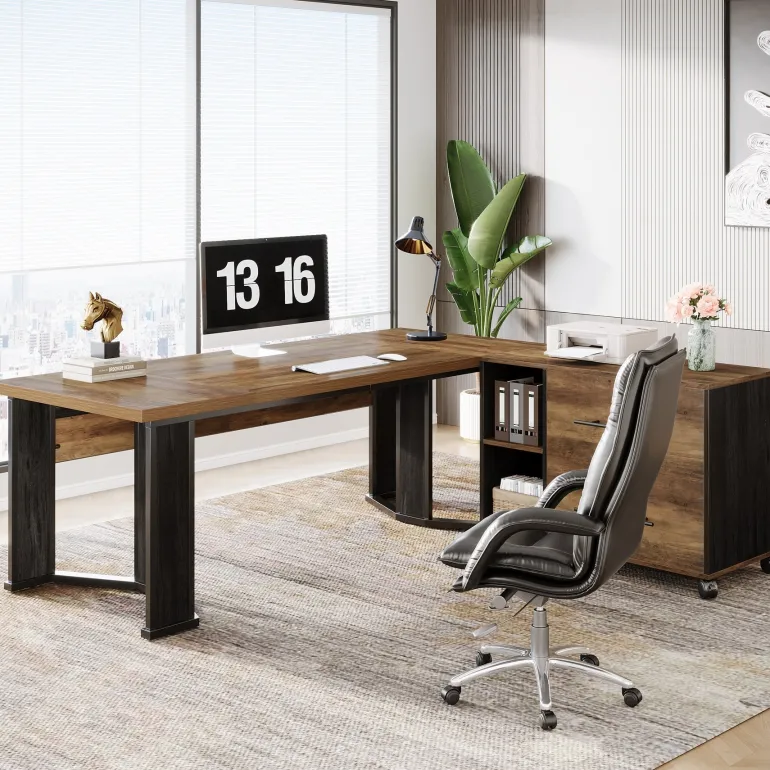 Sale Tribesigns 70.8" Executive Desk, L - Shaped Home Office Desk with File Cabinet