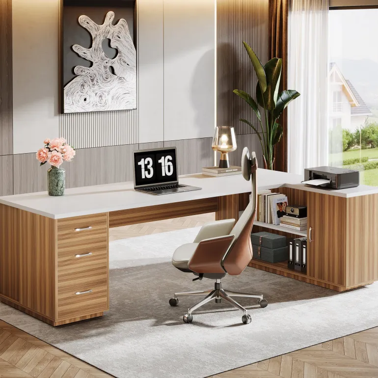 Shop Tribesigns 85.8" Executive Desk, L - Shaped Office Desk Computer Desk with File Drawers