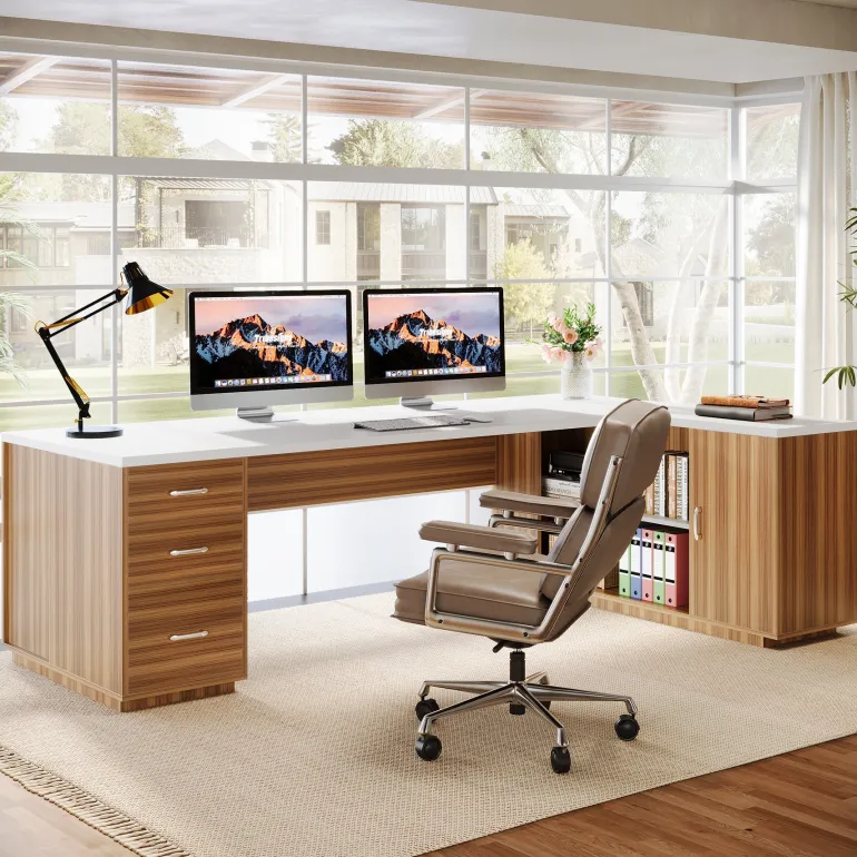 Shop Tribesigns 85.8" Executive Desk, L - Shaped Office Desk Computer Desk with File Drawers
