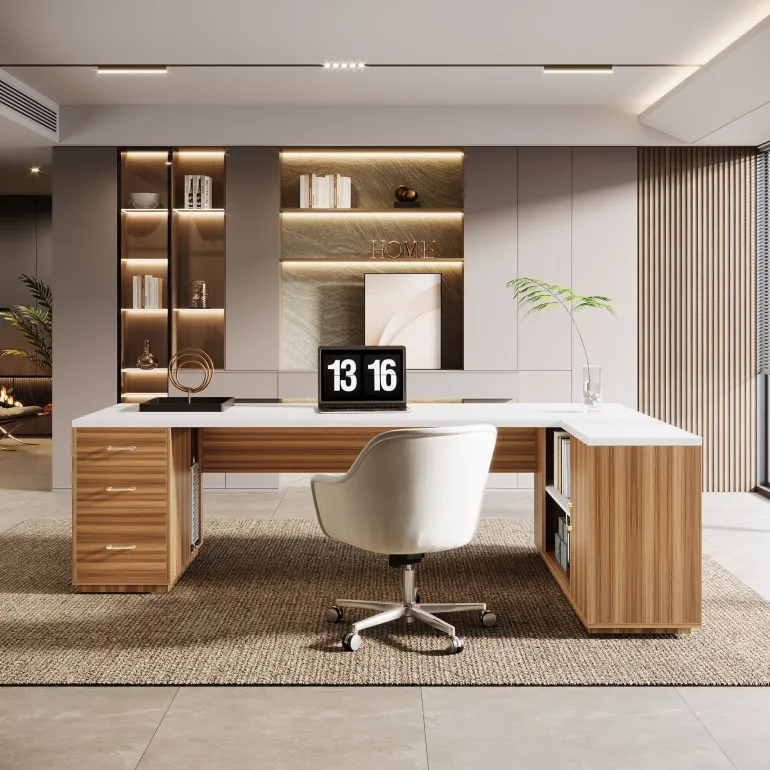 Shop Tribesigns 85.8" Executive Desk, L - Shaped Office Desk Computer Desk with File Drawers