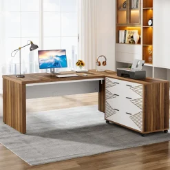 Sale Tribesigns 63" Executive Desk, L Shaped Computer Desk with Storage Cabinet and Drawers
