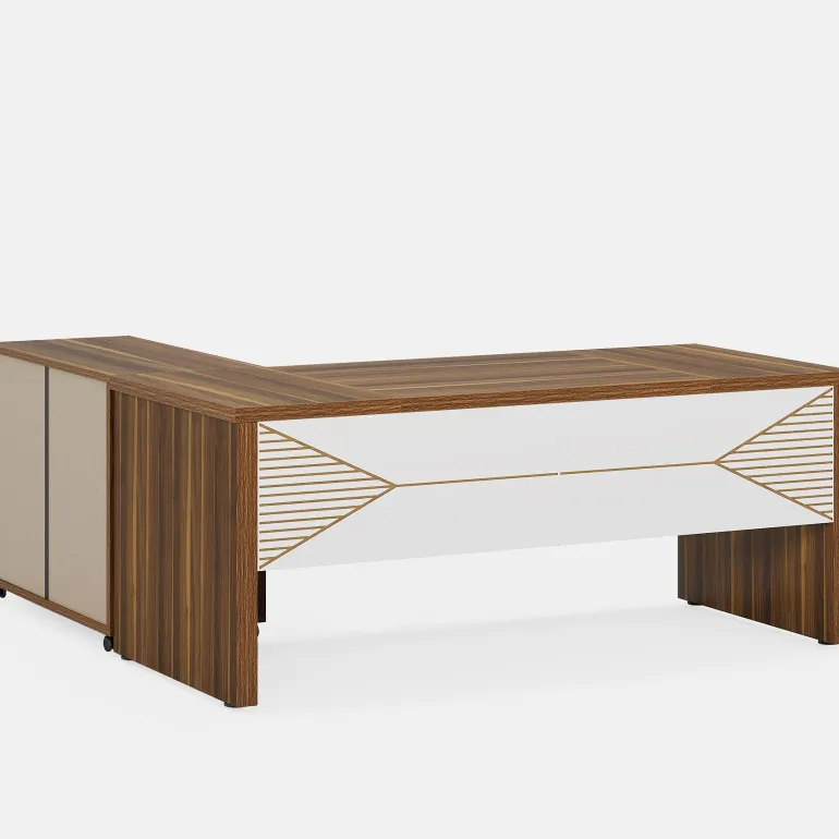 Sale Tribesigns 63" Executive Desk, L Shaped Computer Desk with Storage Cabinet and Drawers