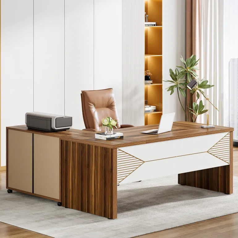 Sale Tribesigns 63" Executive Desk, L Shaped Computer Desk with Storage Cabinet and Drawers