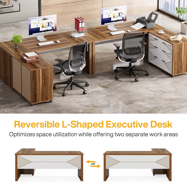 Sale Tribesigns 63" Executive Desk, L Shaped Computer Desk with Storage Cabinet and Drawers