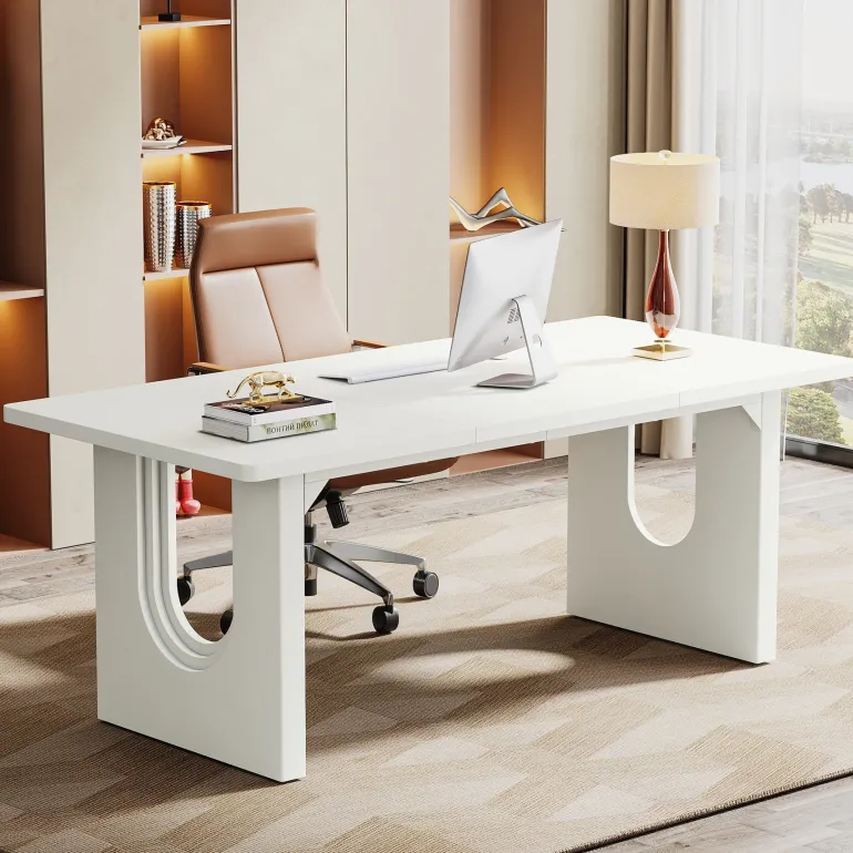 Discount Tribesigns 71" Executive Desk, Modern Computer Desk with Wood Double Pedestal Base