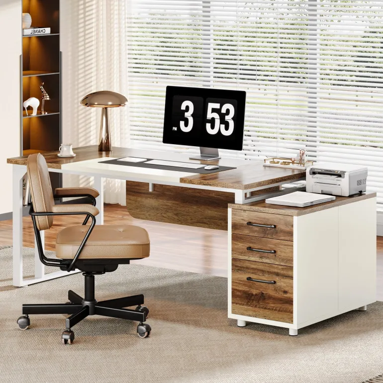 Clearance Tribesigns 74" Executive Desk, Modern Computer Desk With 3 Drawers File Cabinet