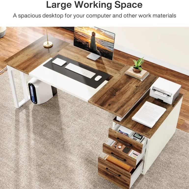 Clearance Tribesigns 74" Executive Desk, Modern Computer Desk With 3 Drawers File Cabinet