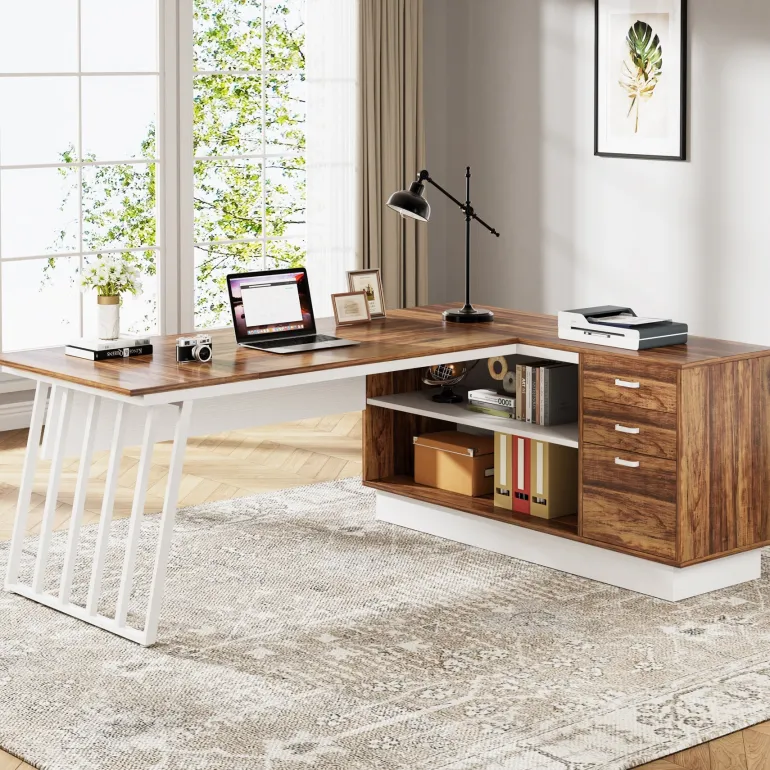 Flash Sale Tribesigns 71" Executive Desk, Modern L-Shaped Computer Desk with Cabinet