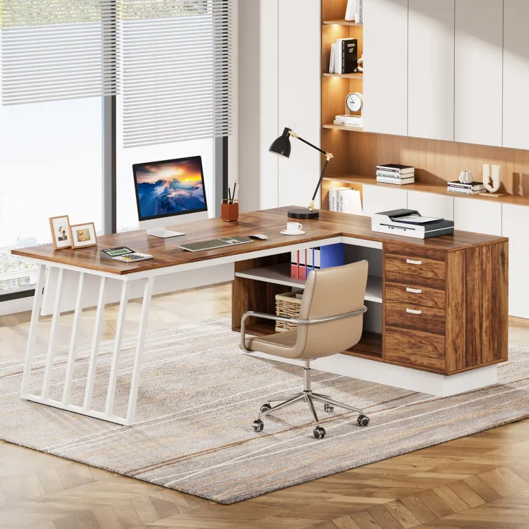 Flash Sale Tribesigns 71" Executive Desk, Modern L-Shaped Computer Desk with Cabinet
