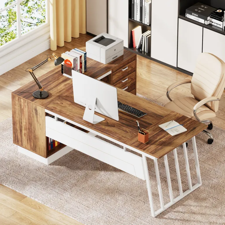 Flash Sale Tribesigns 71" Executive Desk, Modern L-Shaped Computer Desk with Cabinet