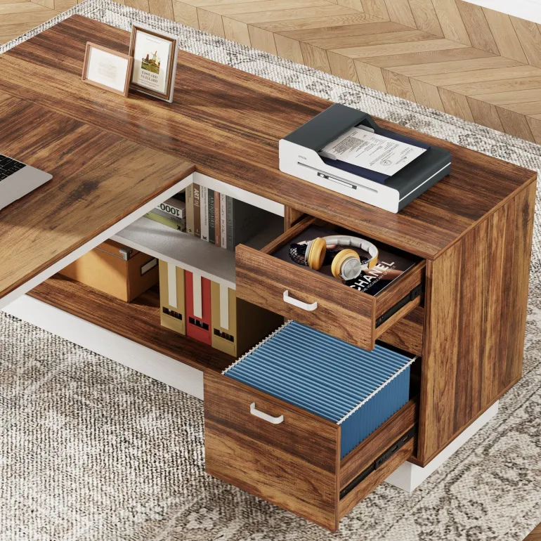 Flash Sale Tribesigns 71" Executive Desk, Modern L-Shaped Computer Desk with Cabinet