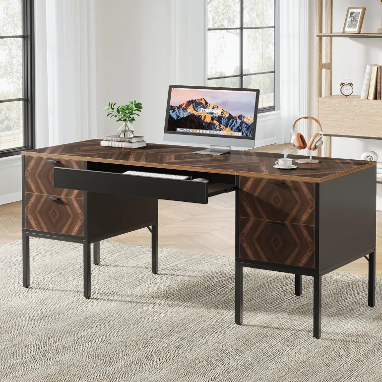 Clearance Tribesigns 63" Executive Desk, Rustic Computer Office Desk with 4 Drawers