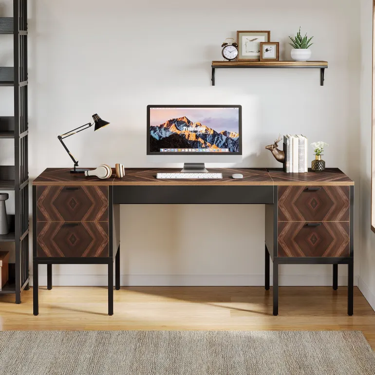Clearance Tribesigns 63" Executive Desk, Rustic Computer Office Desk with 4 Drawers