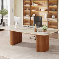 Discount Tribesigns 78.7" Executive Desk, Travertine Slab Computer Desk With Semi - Circular Base