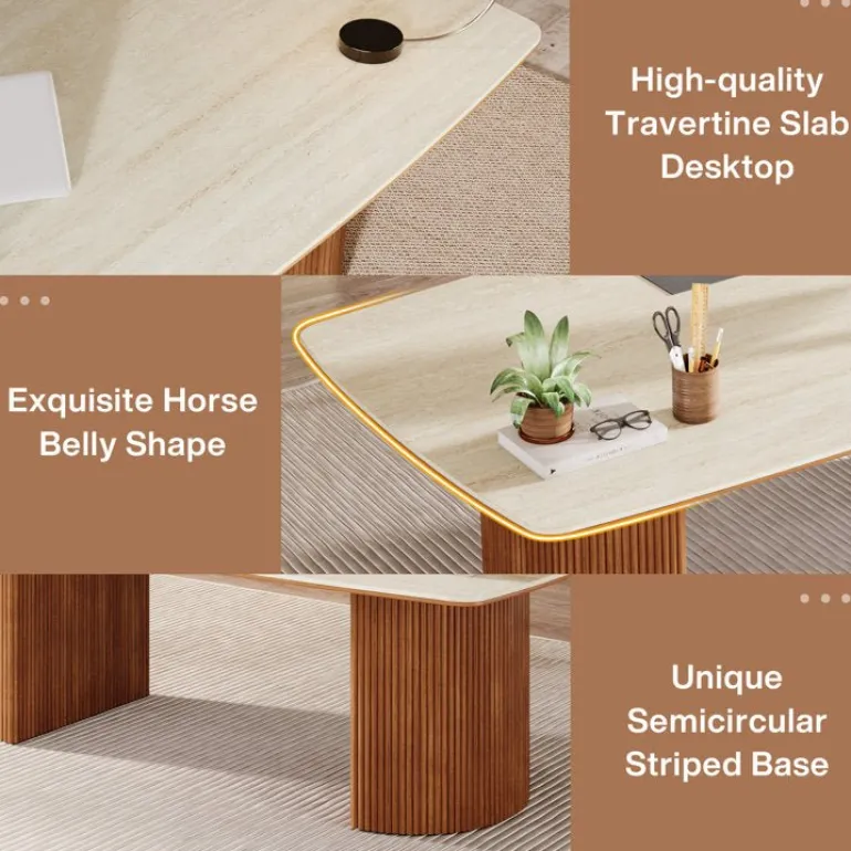 Discount Tribesigns 78.7" Executive Desk, Travertine Slab Computer Desk With Semi - Circular Base
