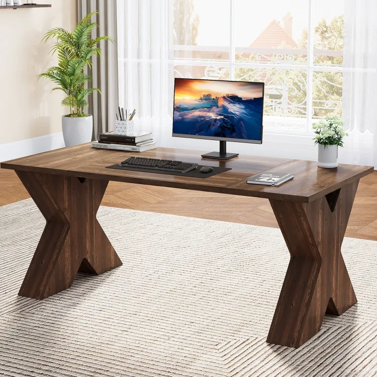 New Tribesigns 63" Executive Desk, Wood Computer Desk with X - Shaped Pedestal Base