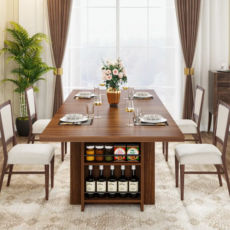 Flash Sale Tribesigns 63" Farmhouse Dining Table Wooden Kitchen Table with Shelves for 6 to 8