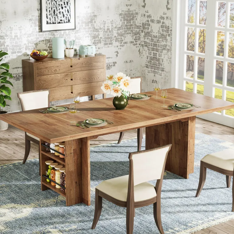 Flash Sale Tribesigns 63" Farmhouse Dining Table Wooden Kitchen Table with Shelves for 6 to 8