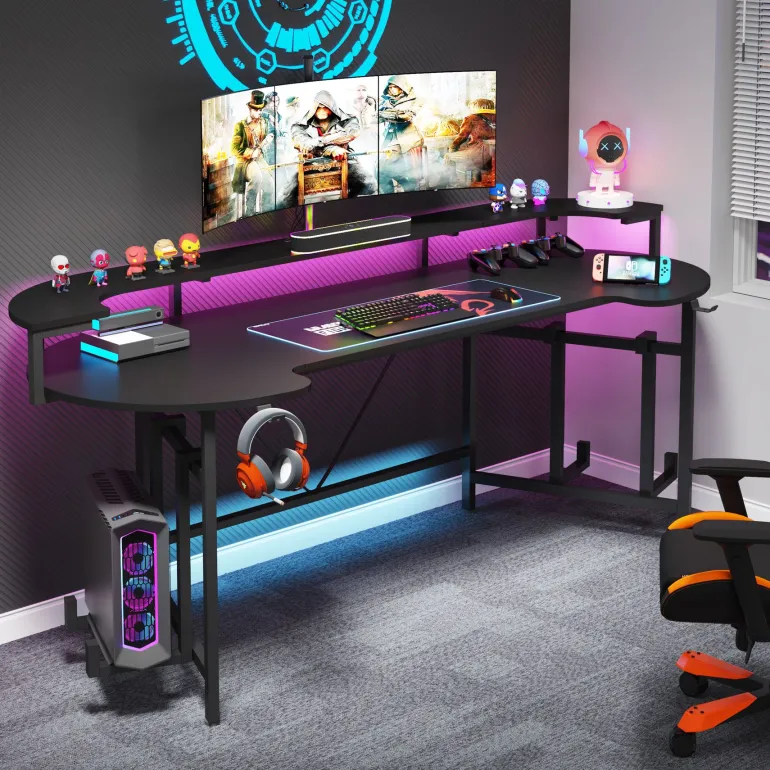 Fashion Tribesigns 75" Gaming Desk Computer Desk with LED Strip & Monitor Shelf