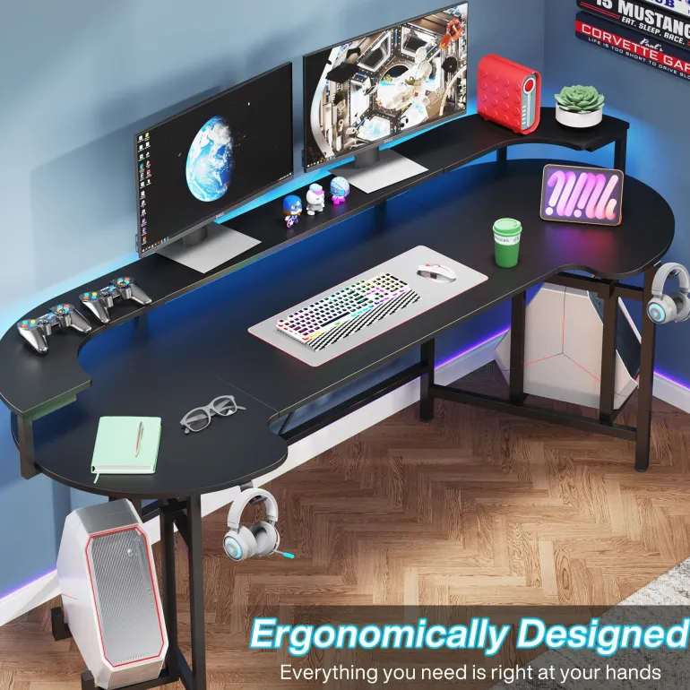 Fashion Tribesigns 75" Gaming Desk Computer Desk with LED Strip & Monitor Shelf