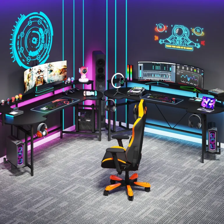 Fashion Tribesigns 75" Gaming Desk Computer Desk with LED Strip & Monitor Shelf