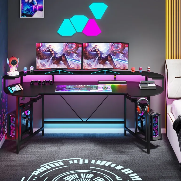 Fashion Tribesigns 75" Gaming Desk Computer Desk with LED Strip & Monitor Shelf