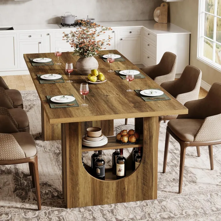 Discount Tribesigns 70.8" Kitchen Table, Farmhouse Dining Table with Storage Shelves for 6 - 8