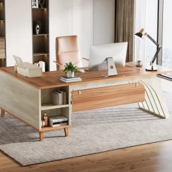 Store Tribesigns 78.7" L - Shaped Executive Desk, Computer Desk Office Desk with File Cabinet