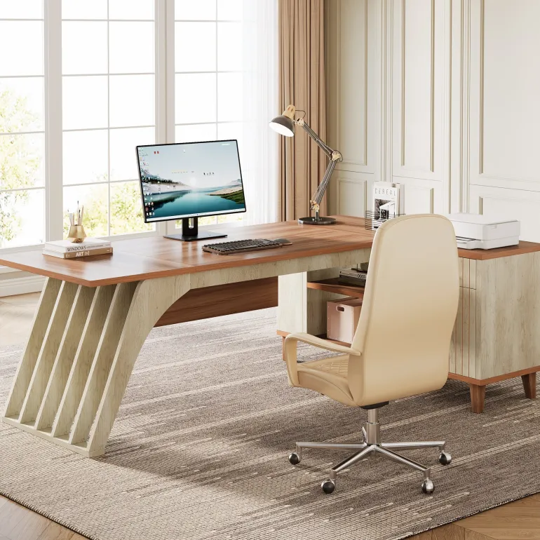 Store Tribesigns 78.7" L - Shaped Executive Desk, Computer Desk Office Desk with File Cabinet